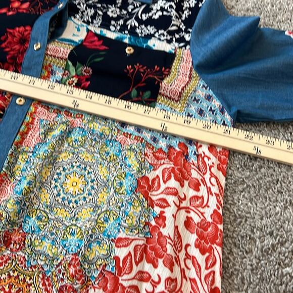 EUC Caleoas Mixed Media‎ Patchwork Drapey Button Down Top Blouse Large L Boho - Picture 15 of 16